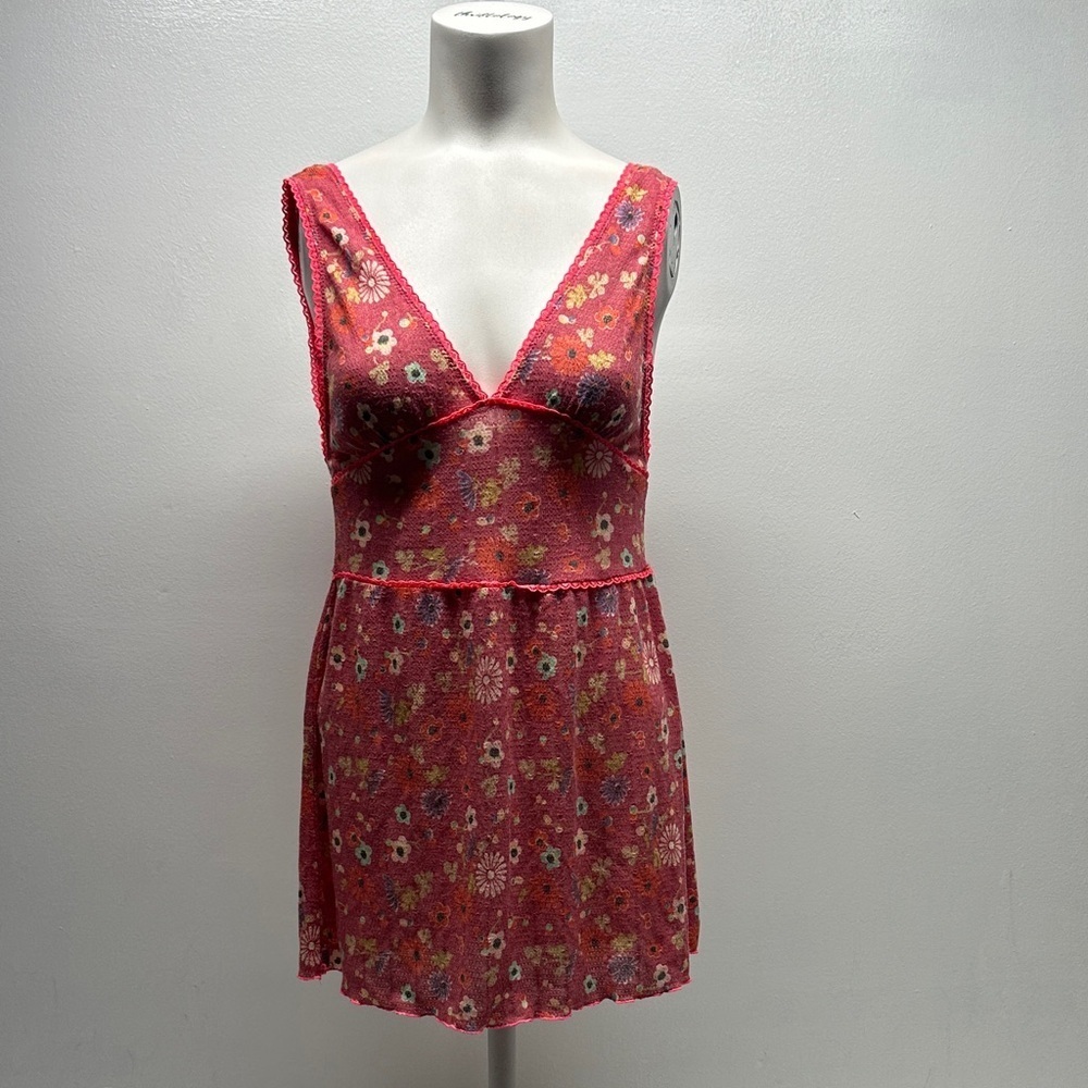 Free People Tank Top Sleeveless Blouse Floral Lace Trim Neon Pink Vintage Medium